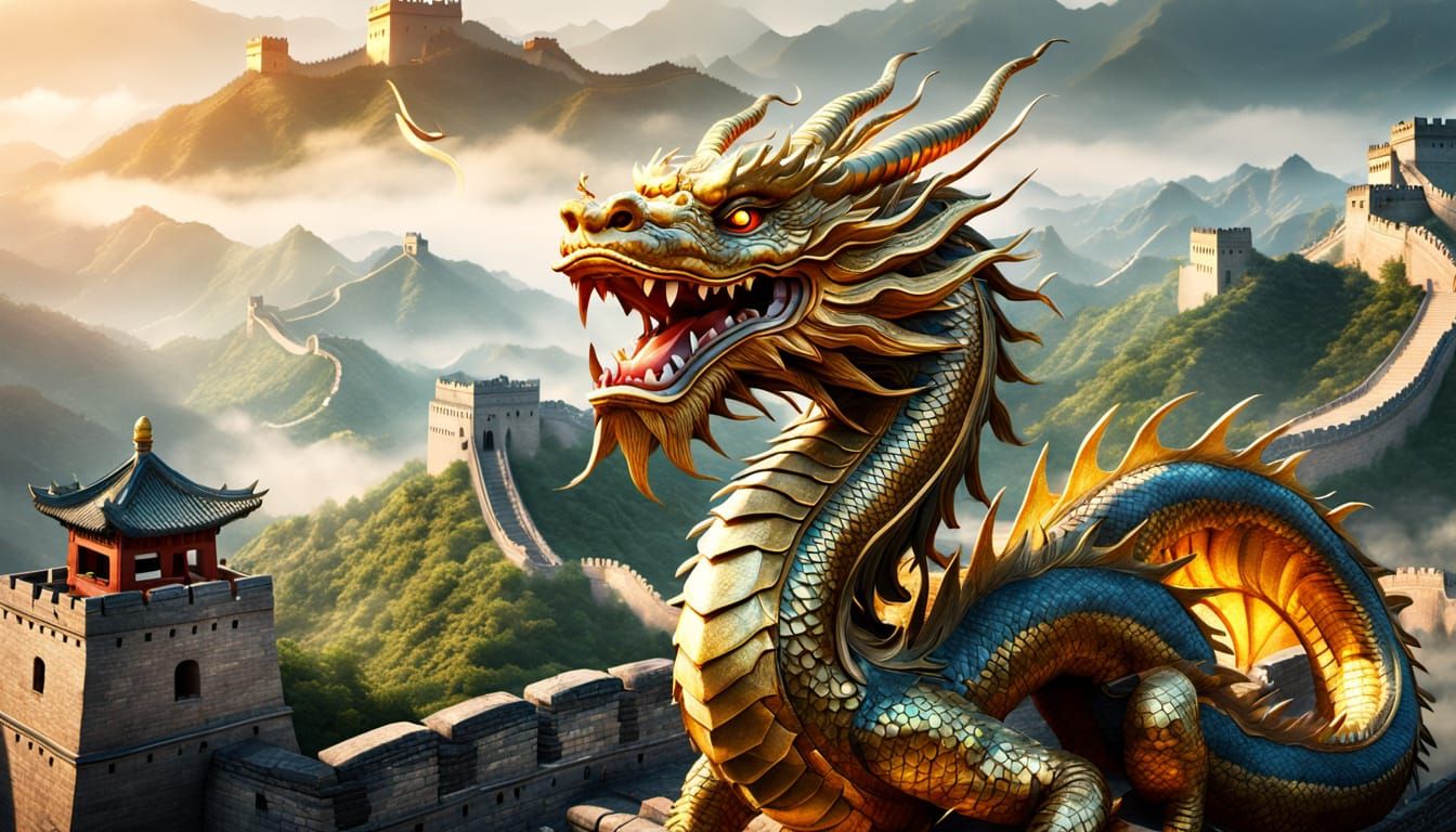 Chinese Dragon Over Great Wall in Digital Art