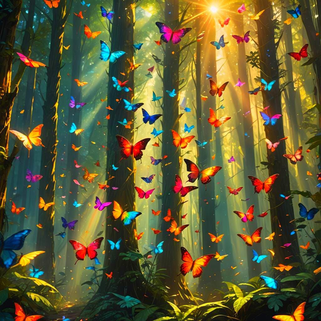 Rainbow Butterfly Swarm in Sparkling Rainforest
