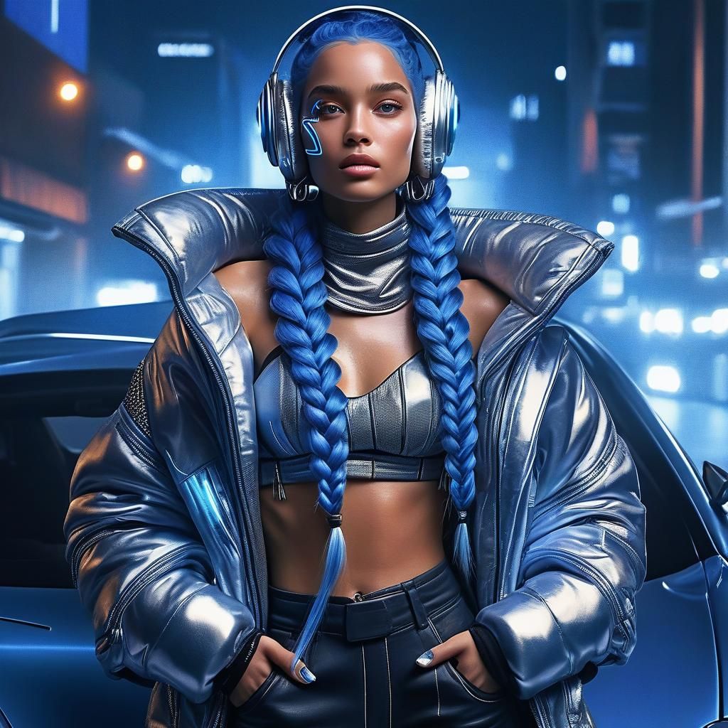 Futuristic Woman with Blue Braids in Cyberpunk Style