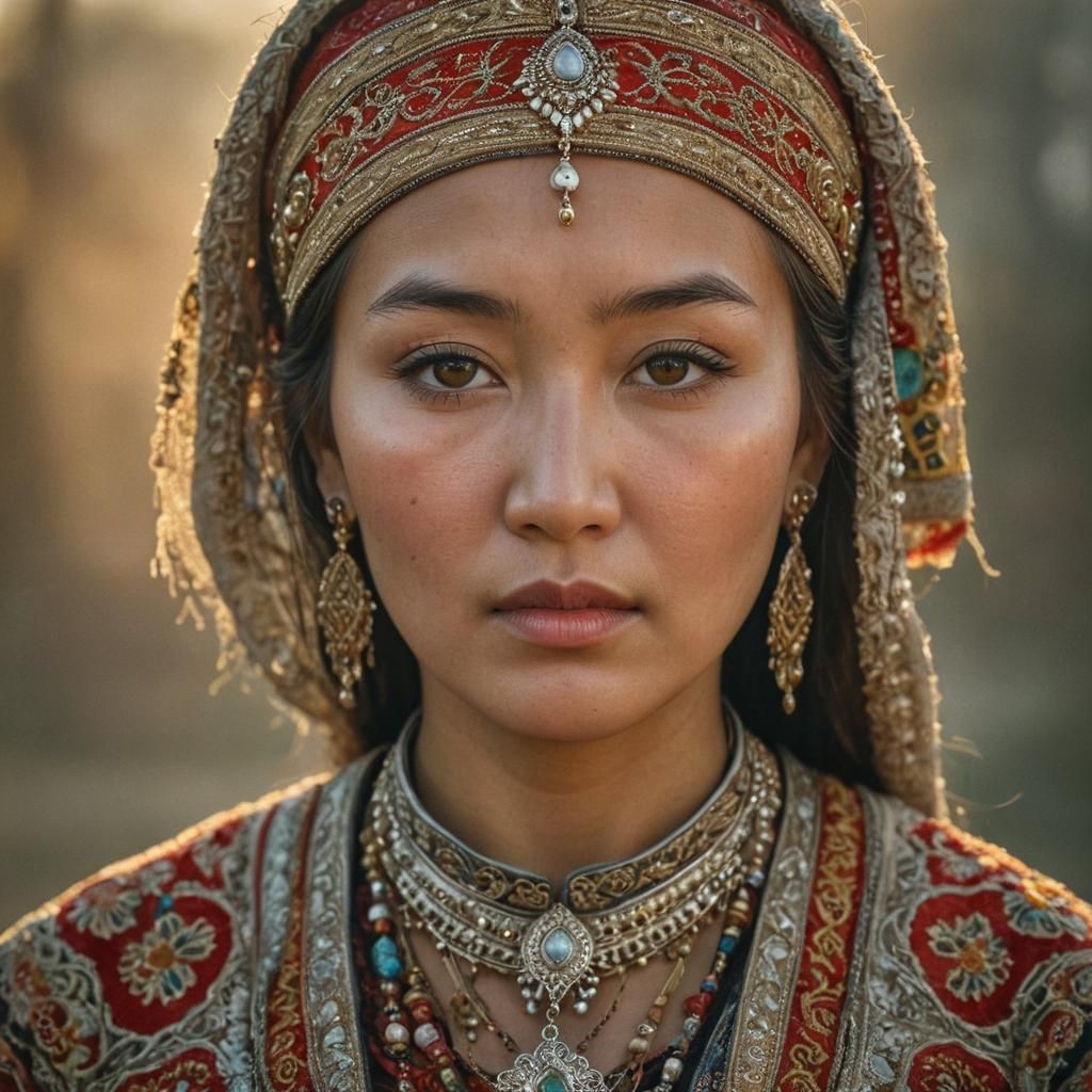 Kazakh Woman in Traditional Dress: Hyperrealistic Portrait