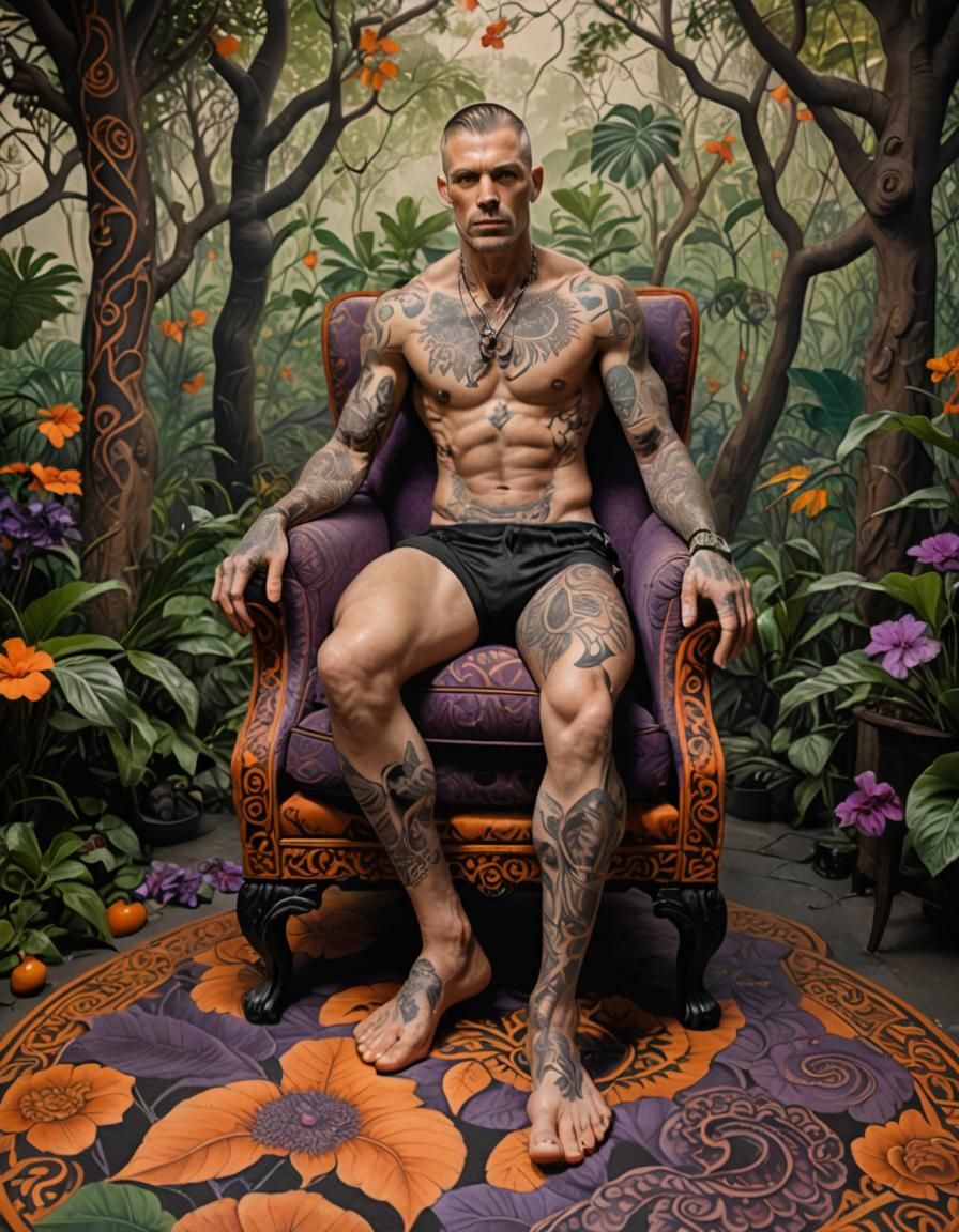 Op Art Tattooed Man in Jungle Armchair