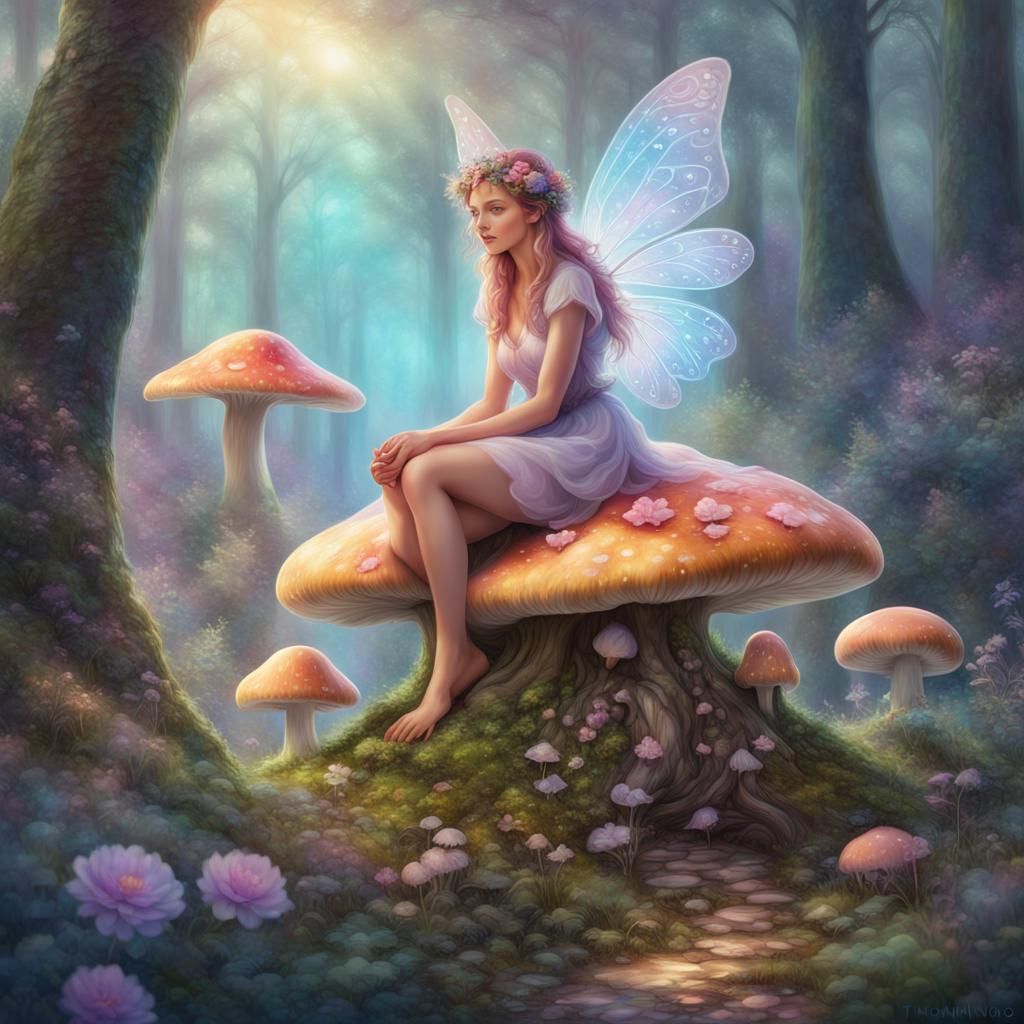 Ethereal Fairy on Mushroom in Spring Forest