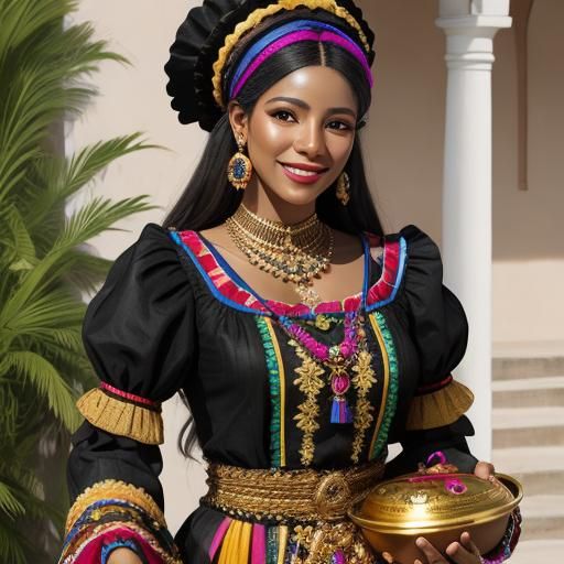 Colombian Woman in Traditional Dress with Gold Nuggets