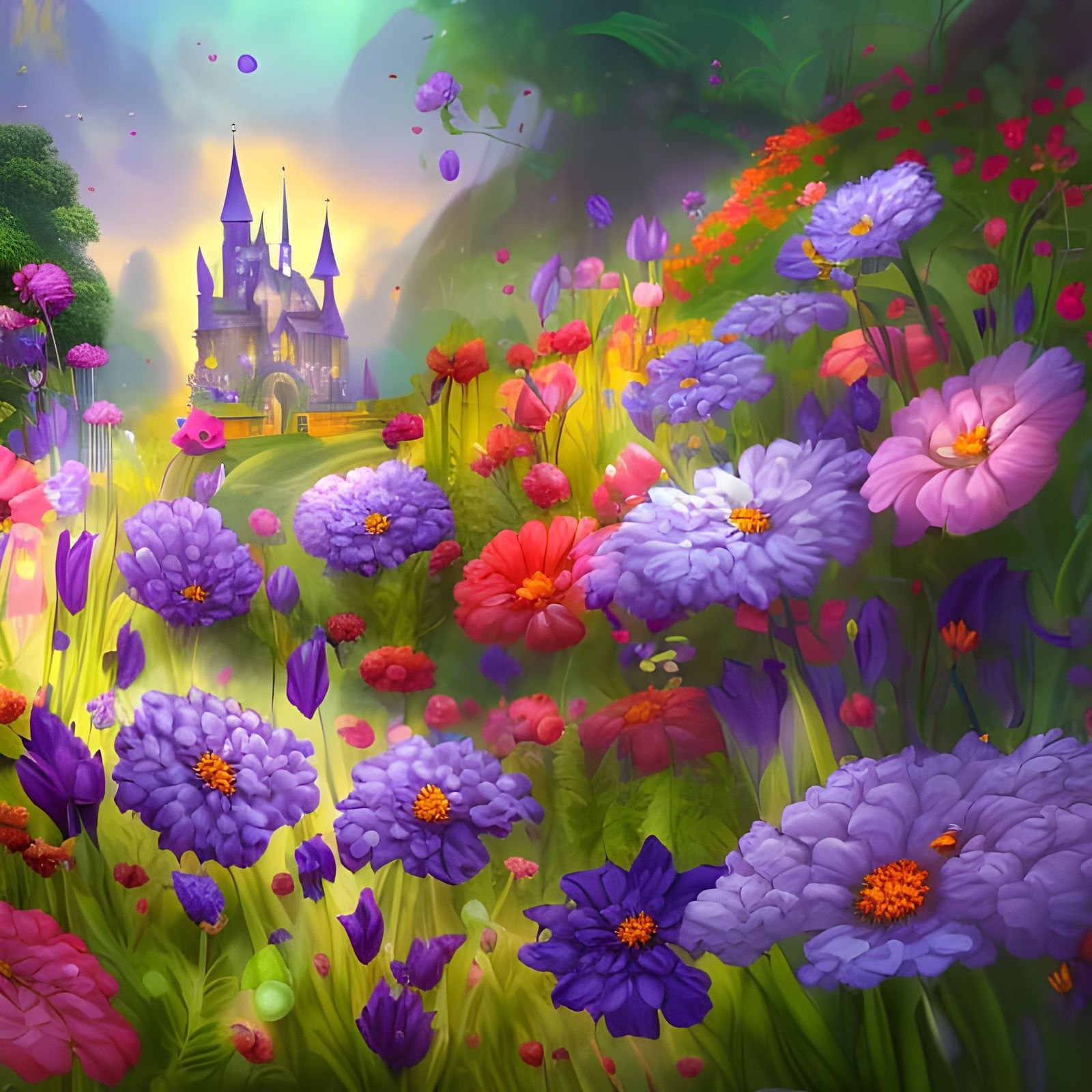 Fantasy flower garden,   distant castle