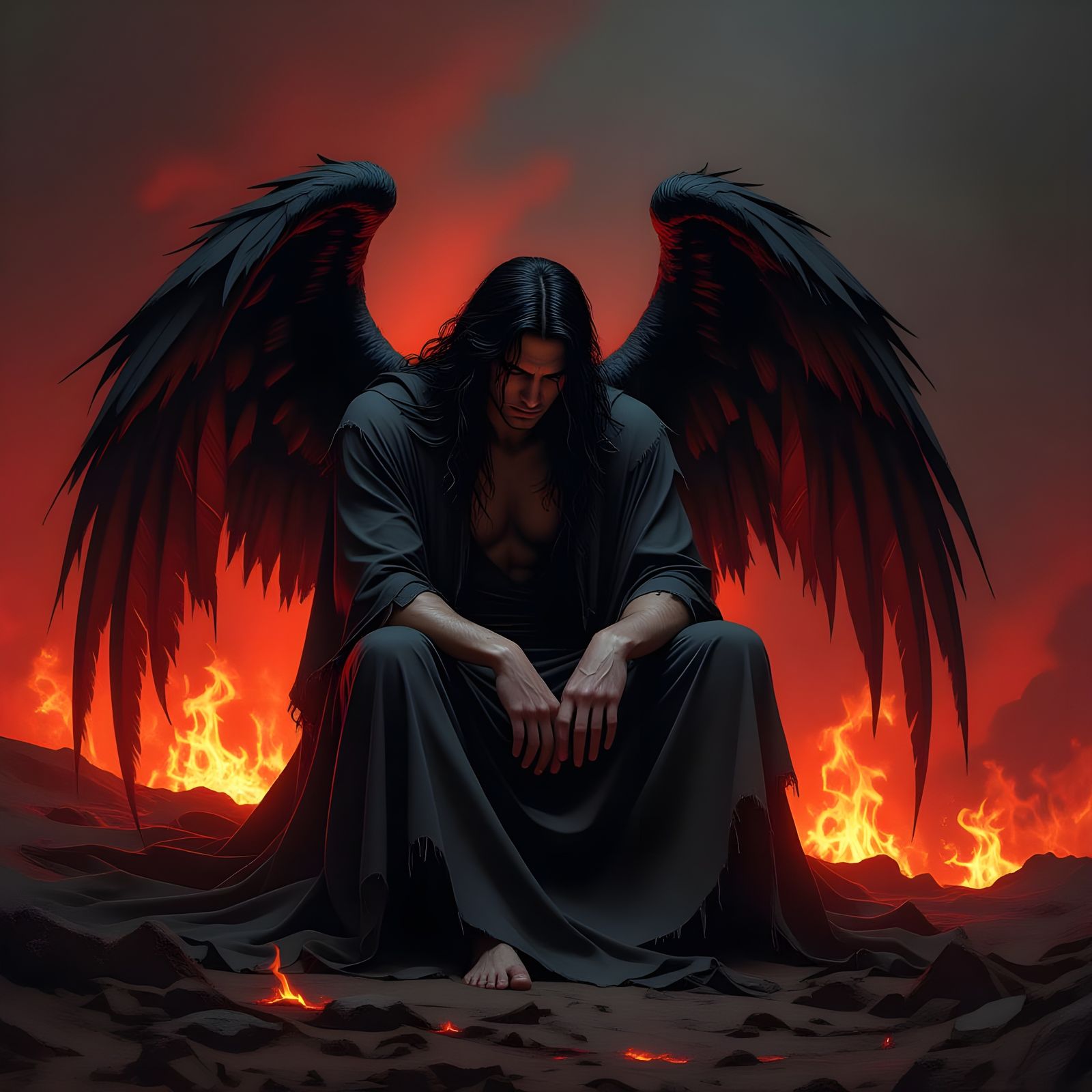 Fallen Angel Amidst Hellish Flames