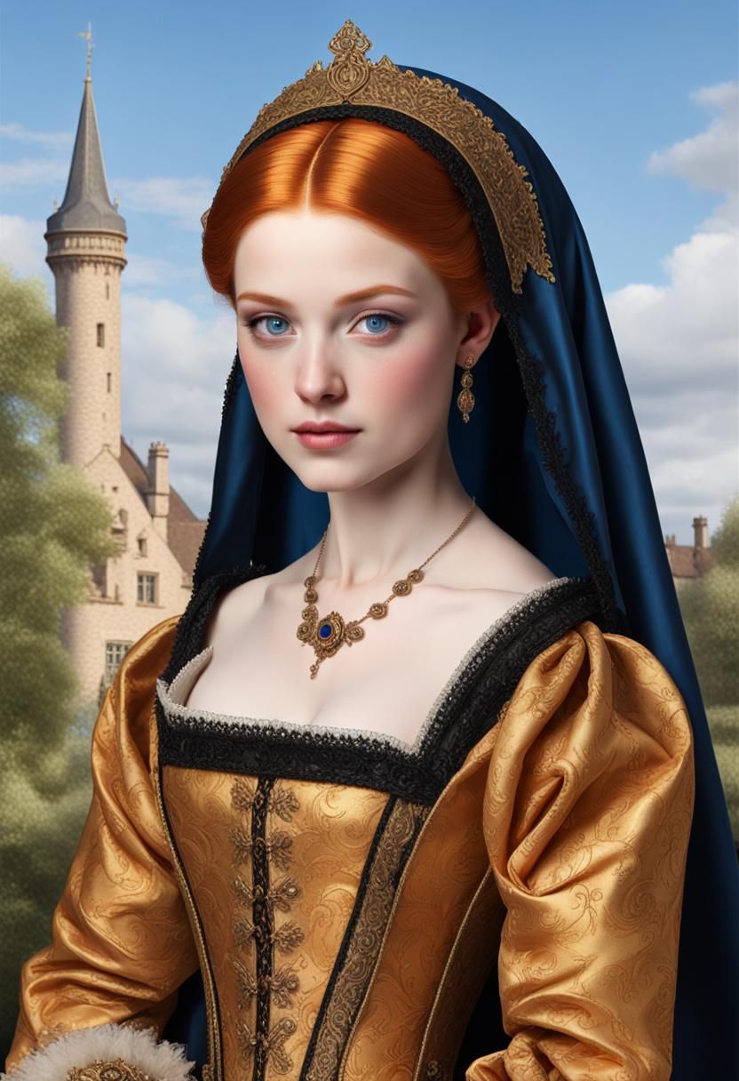 Tudor Woman in Brocade Gown, Oil Painting