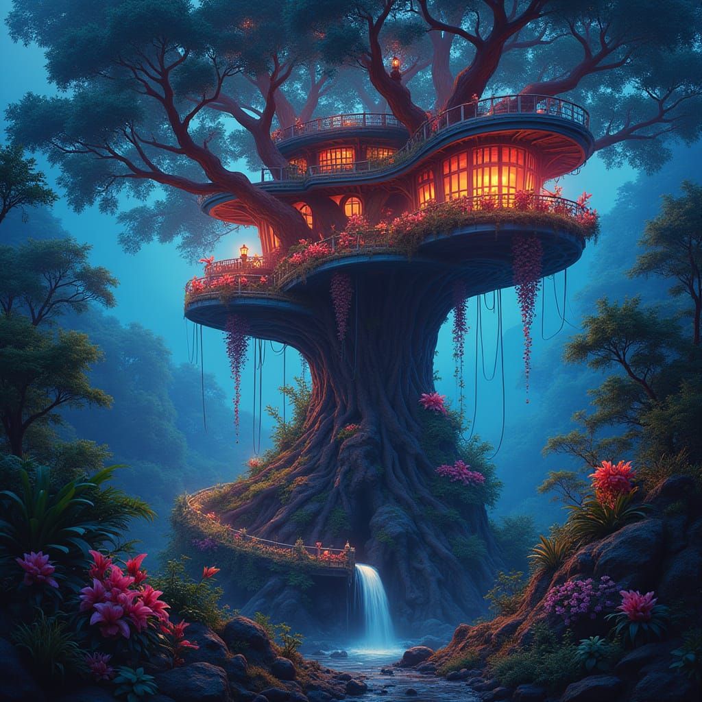 Neon Treehouse in Bioluminescent Jungle, Hyperrealistic Cybe...