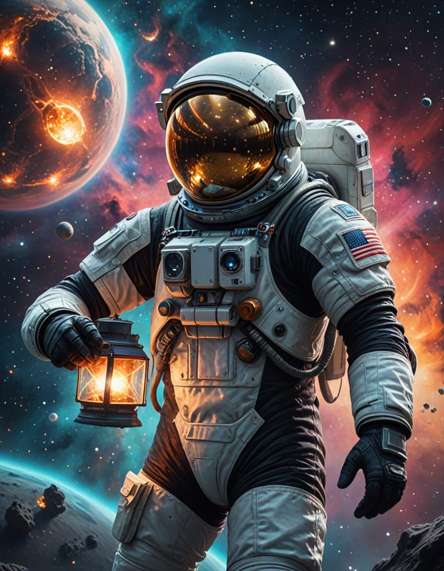 Astronaut Holds Glowing Lantern in Vibrant Nebula