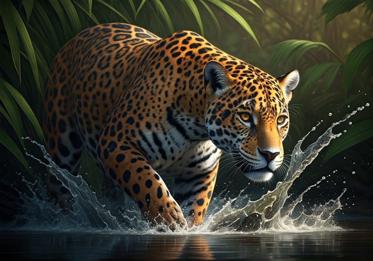 Jaguar Stalking Caiman in Hyper-Realistic Rendering