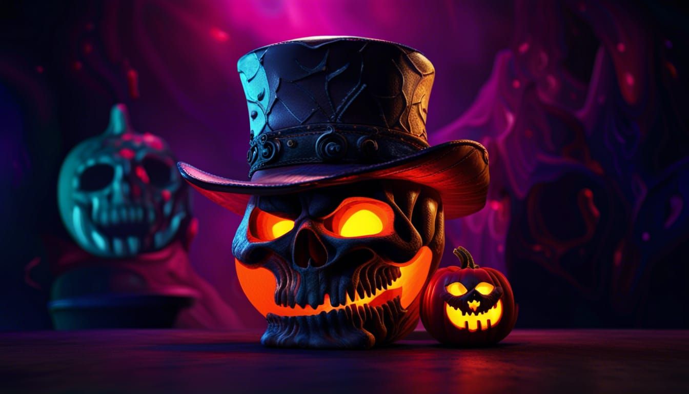 Scary Skull Moon Pumpkin Illustration in Abstract Expression...