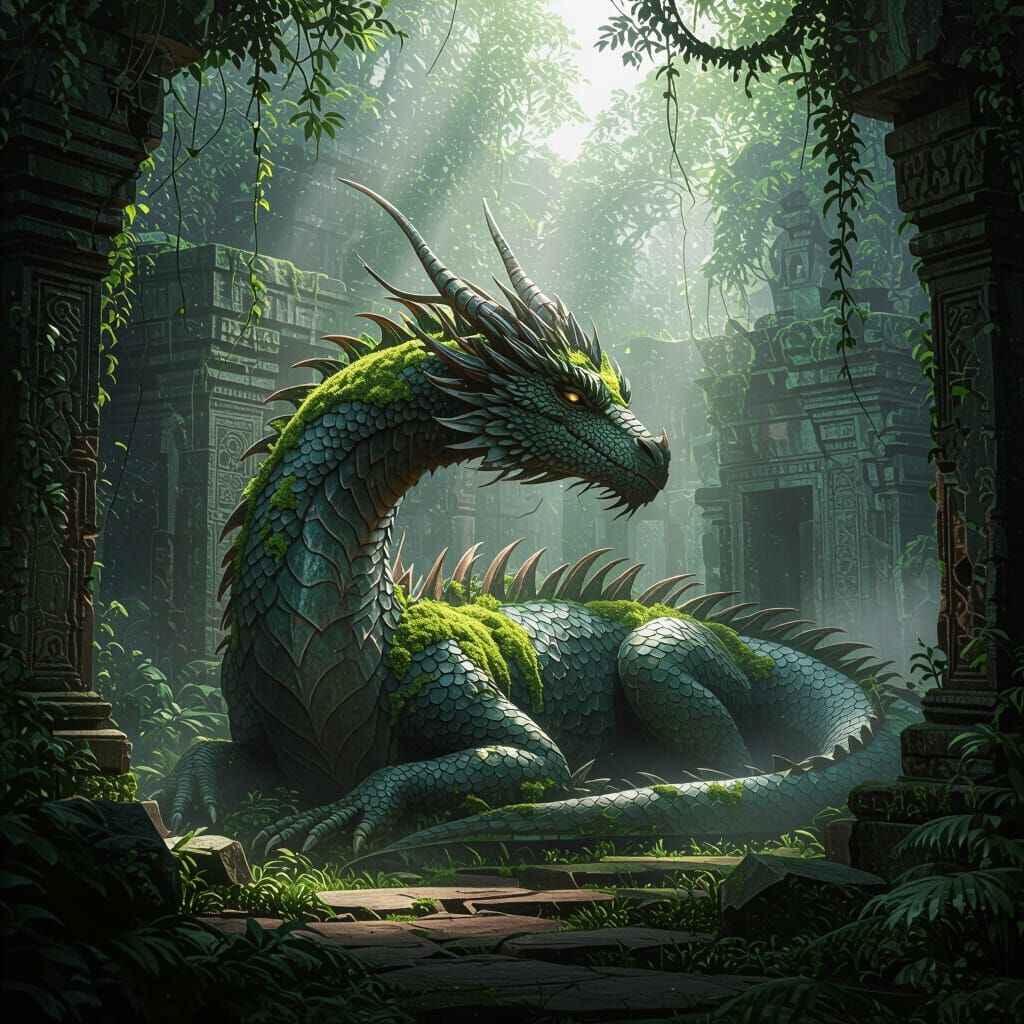Ancient Dragon in Jungle Temple, Surreal Style
