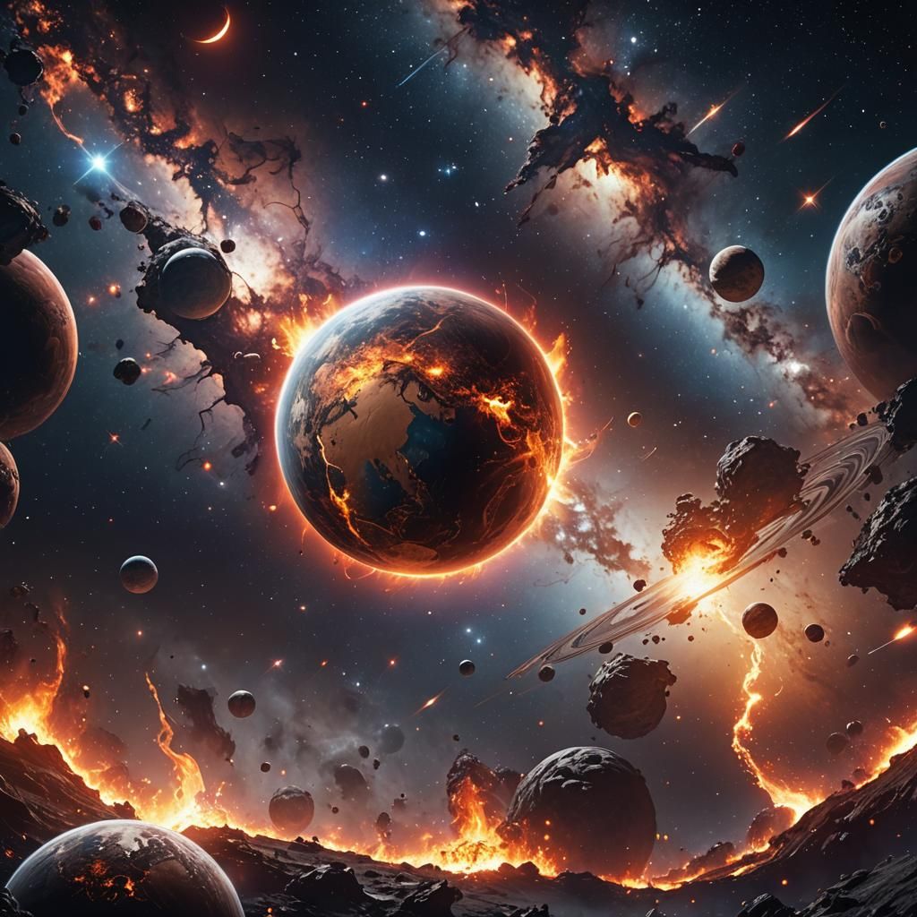 Hyperrealistic Planet with Fiery Moon in Galaxy