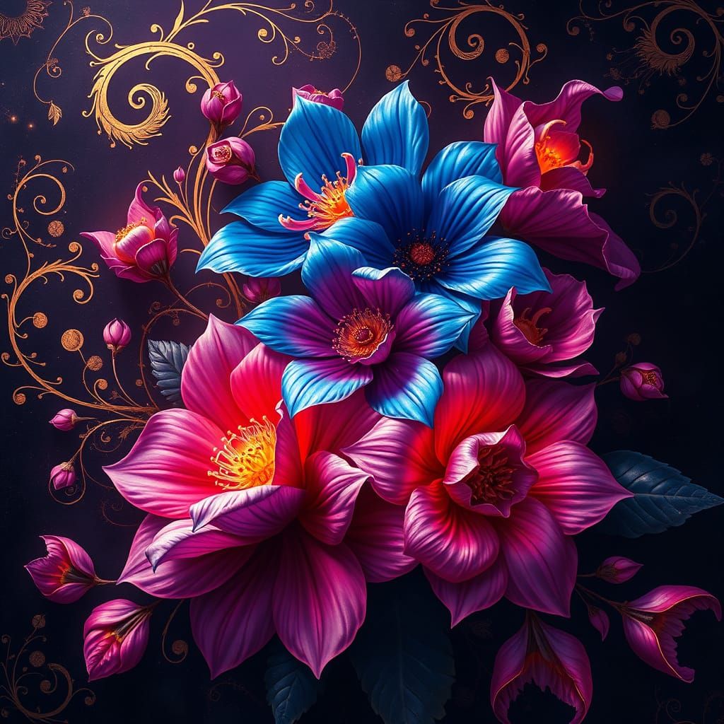 Surreal Fantasy Floral Art with Glowing Metallic Sheen