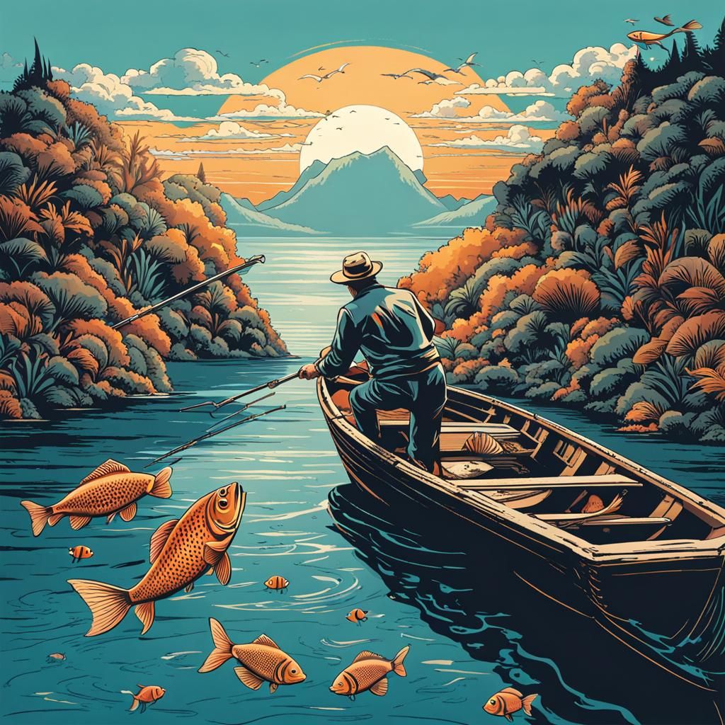 Man Catches Fish from Boat at Sea