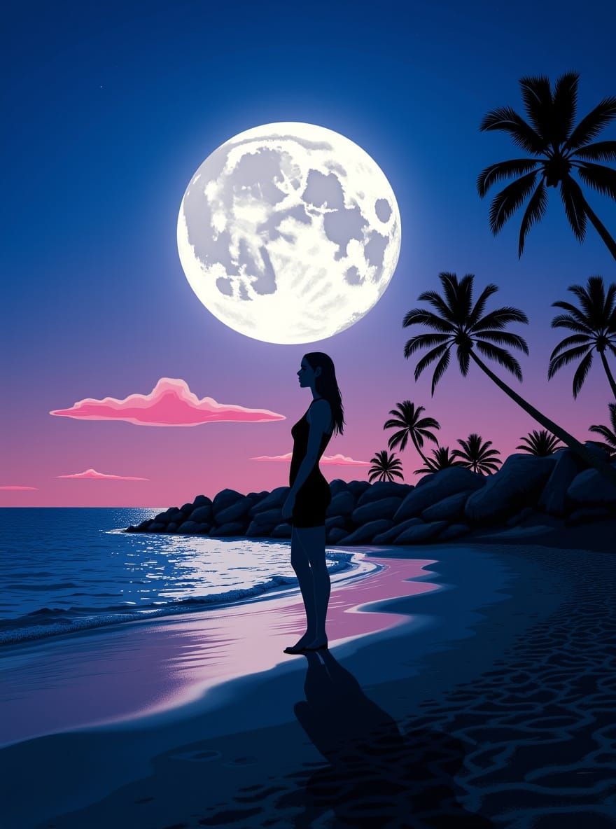 Tranquil Beach Dusk Scene with Full Moon