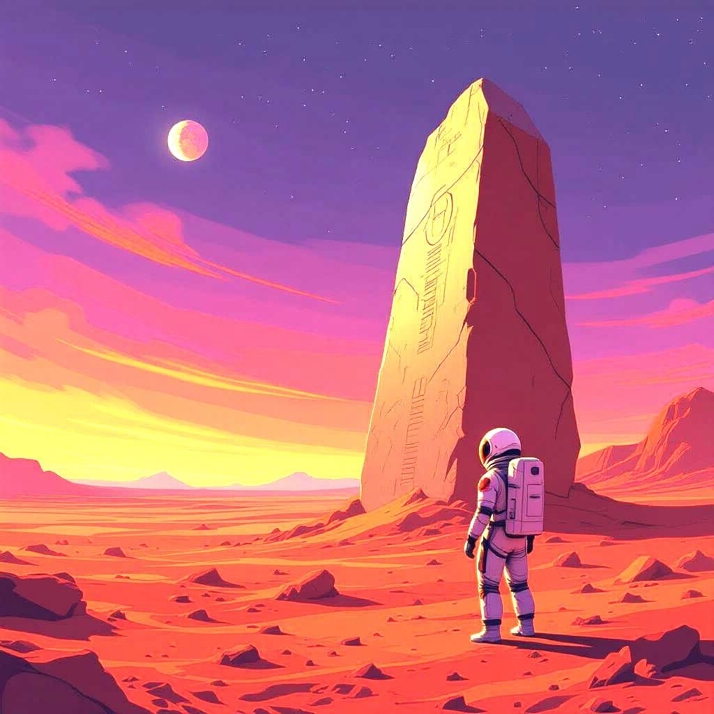Astronaut Discovers Alien Monolith on Mars in Moebius Style