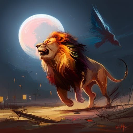 Majestic Lion in Savannah Under Glowing Moon