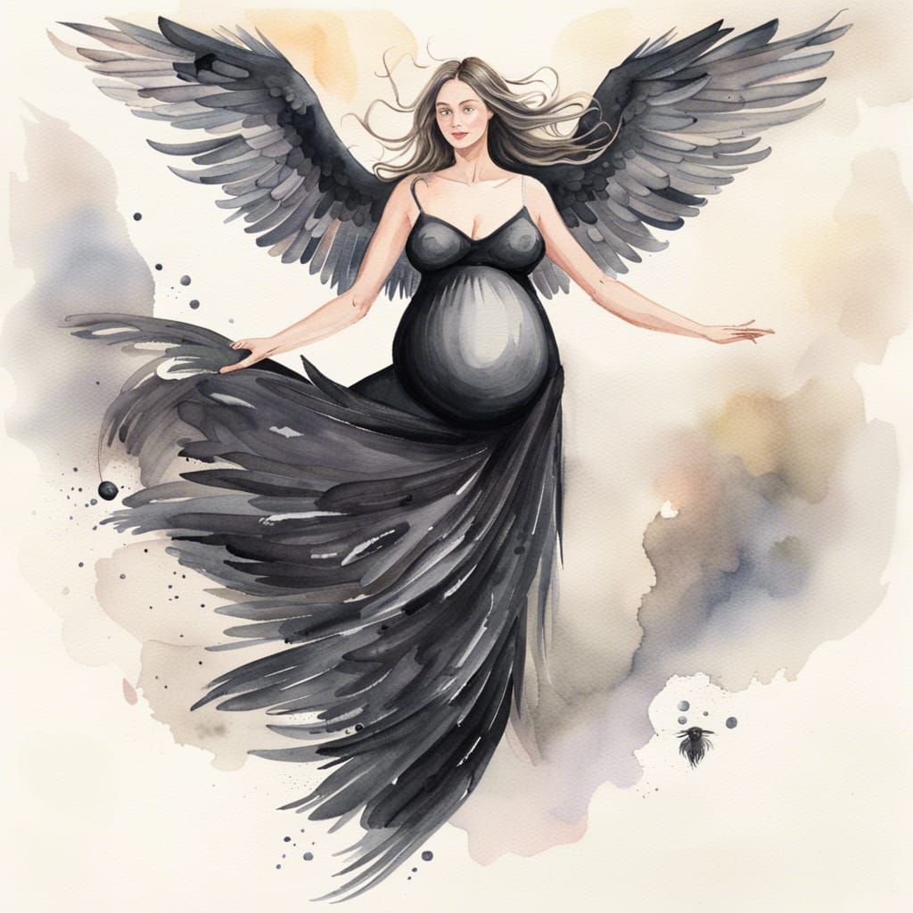 Pregnant Angel with Raven Wings Watercolor