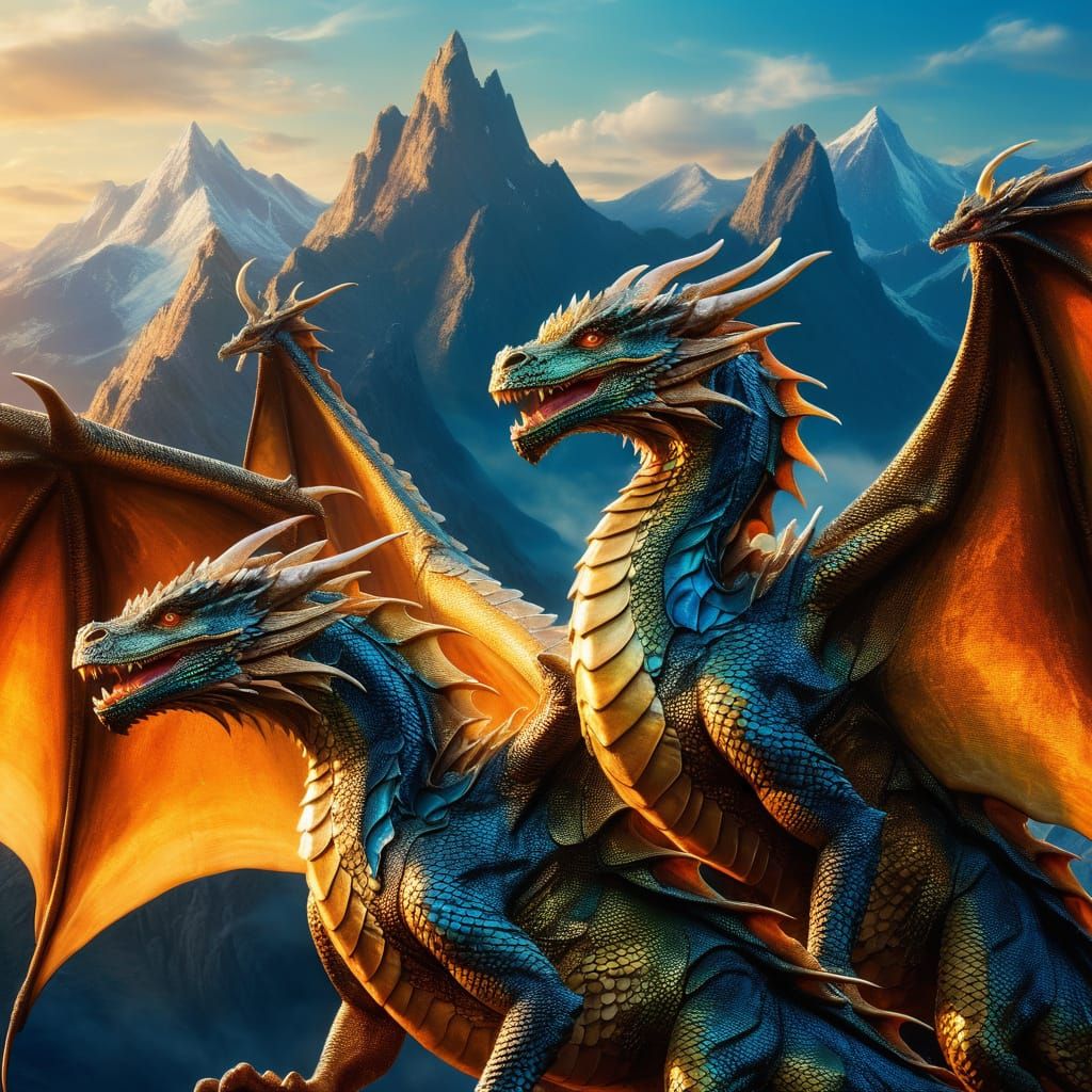 Surreal Dragons in Mystic Mountains: Oil Painting