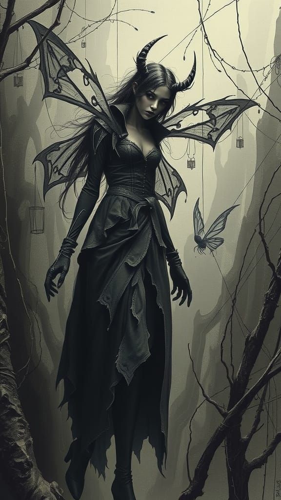 Eerie Glitch Fairy in Charcoal Webscape