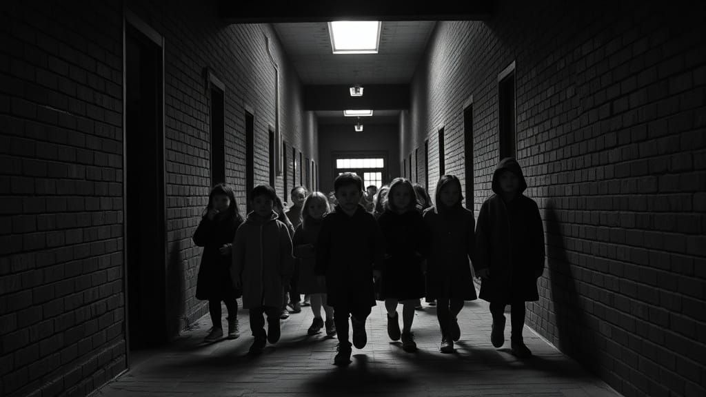 Children's Procession Down Desolate Hallway in Film Noir Sty...
