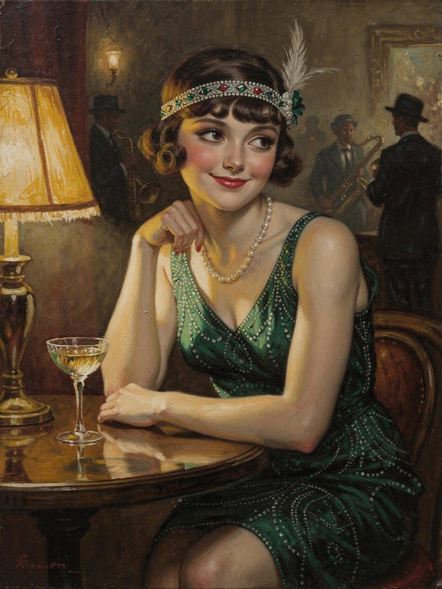 Flapper at Speakeasy, Shy Smile, Oil on Canvas