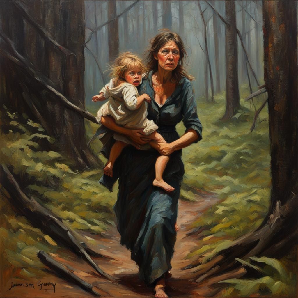 Earthy Woman's Struggle in a Dark Forest: Oil Painting