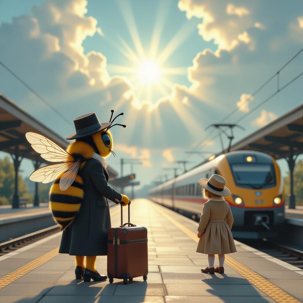 Giant Bee in Suit Waits for Train with Mother