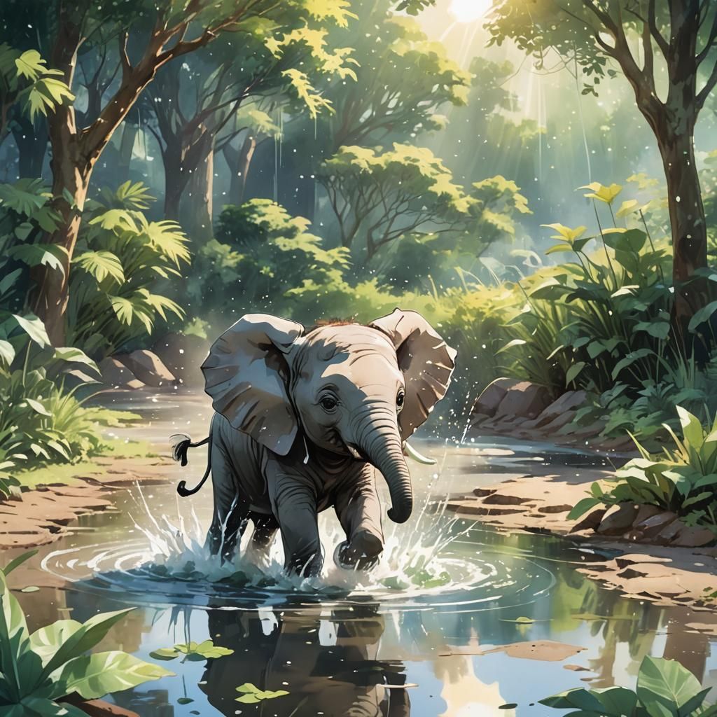 Baby Elephant Splashing: Watercolor Anime Style