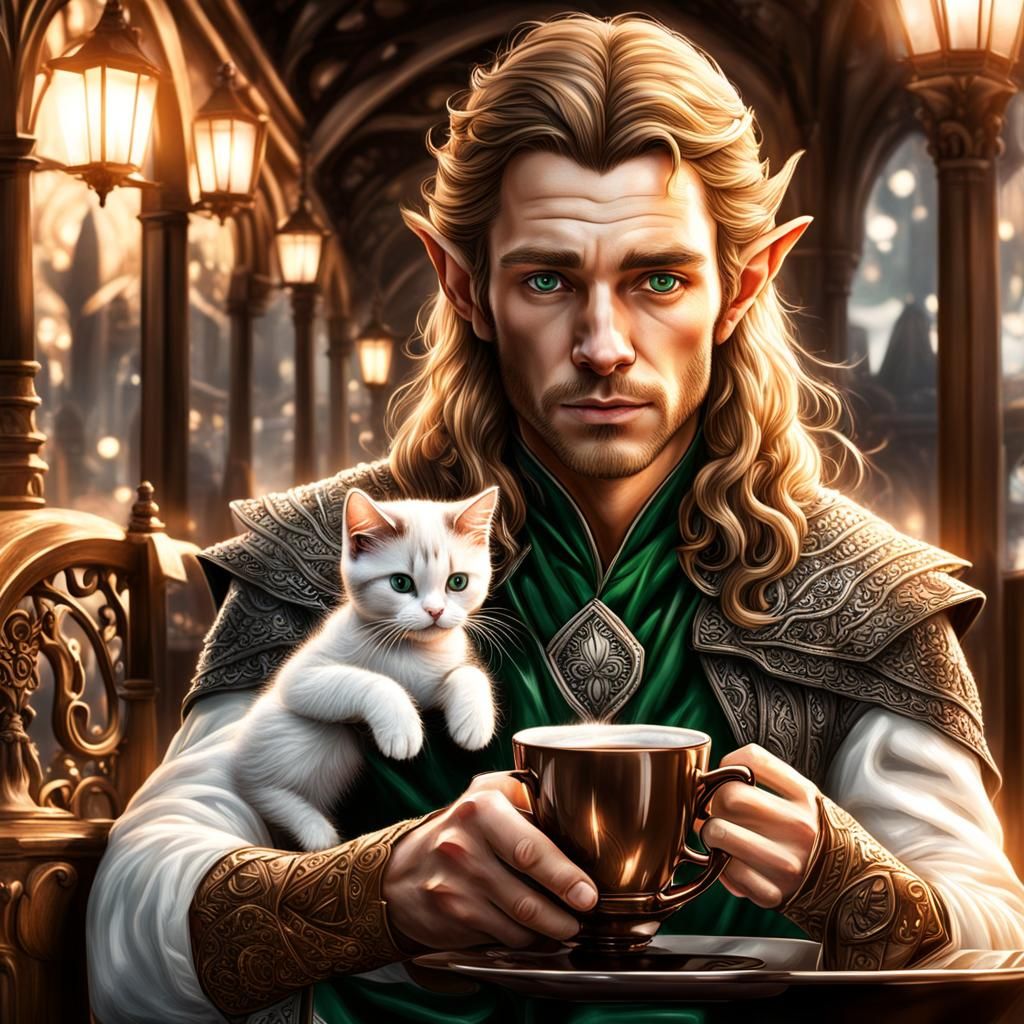 Elven Man with Kitten: Hyperrealistic Coffee Break