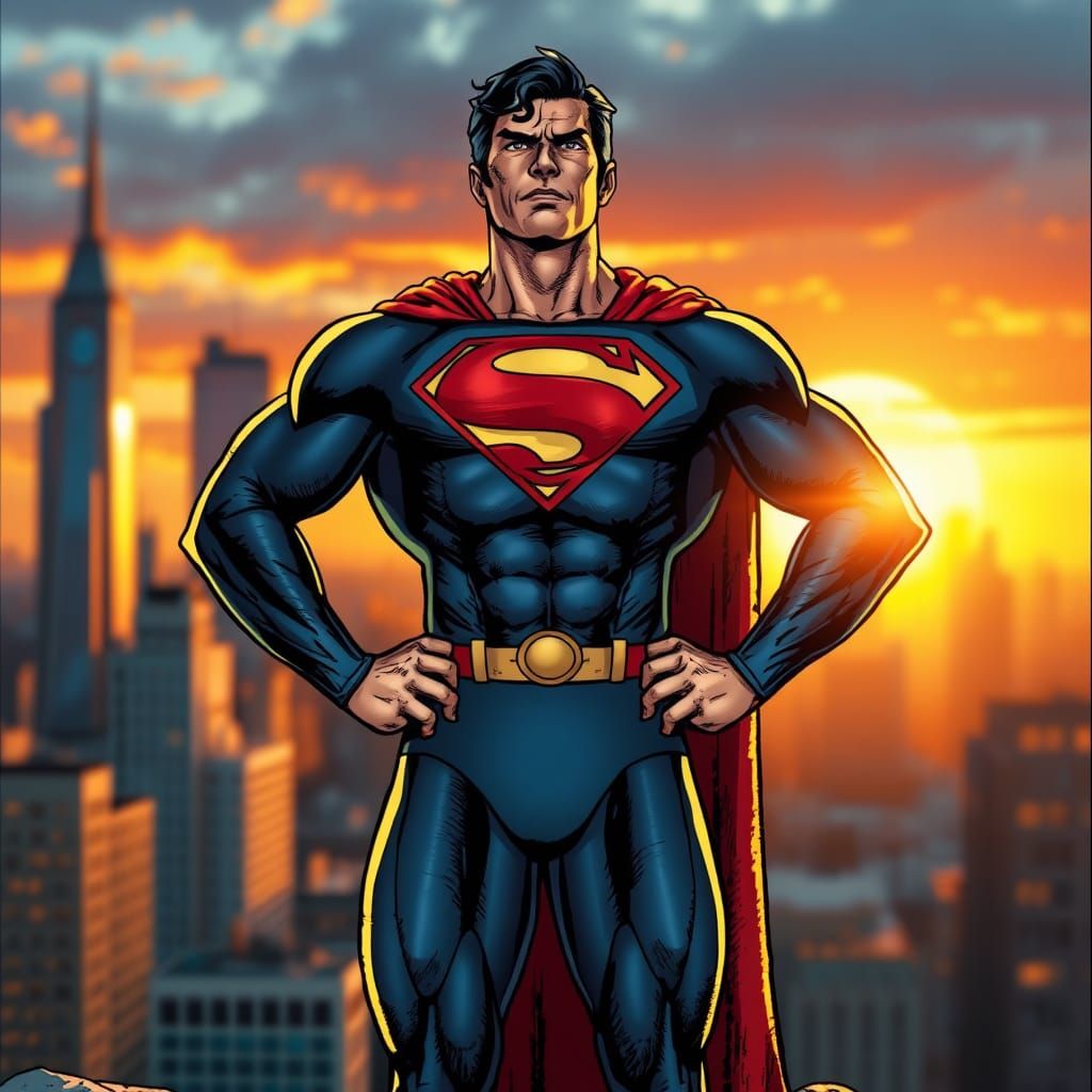 Superman in Metropolis Sunset: Comic Book Art