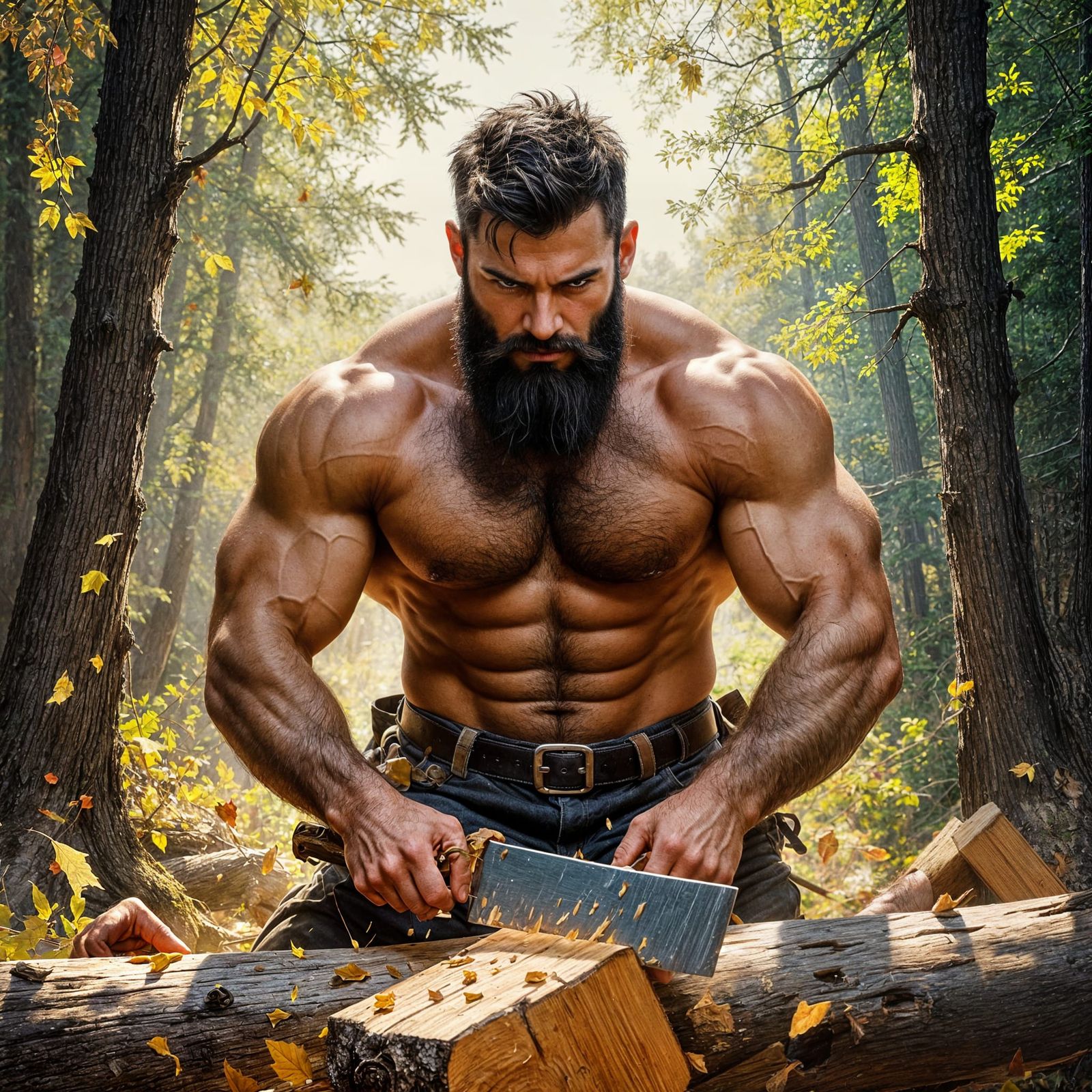 Muscular Lumberjack Chopping Wood with Hairy Chest
