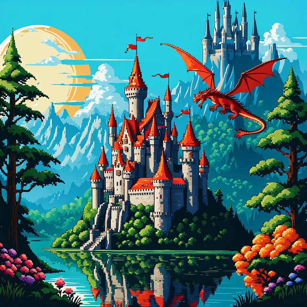 pixel art ; a fairytale castle 🏰 and a dragon 🐲