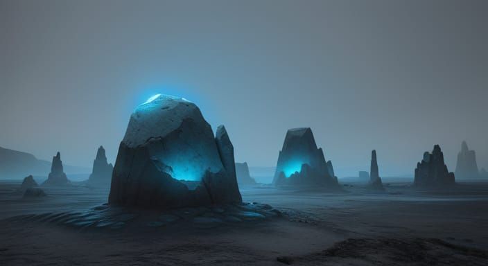 Mysterious Glowing Stone in Alien Landscape