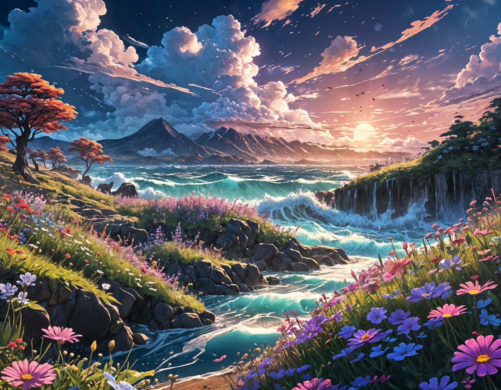 Neon Dreamscape with Glitching Tides and Magical Blooms