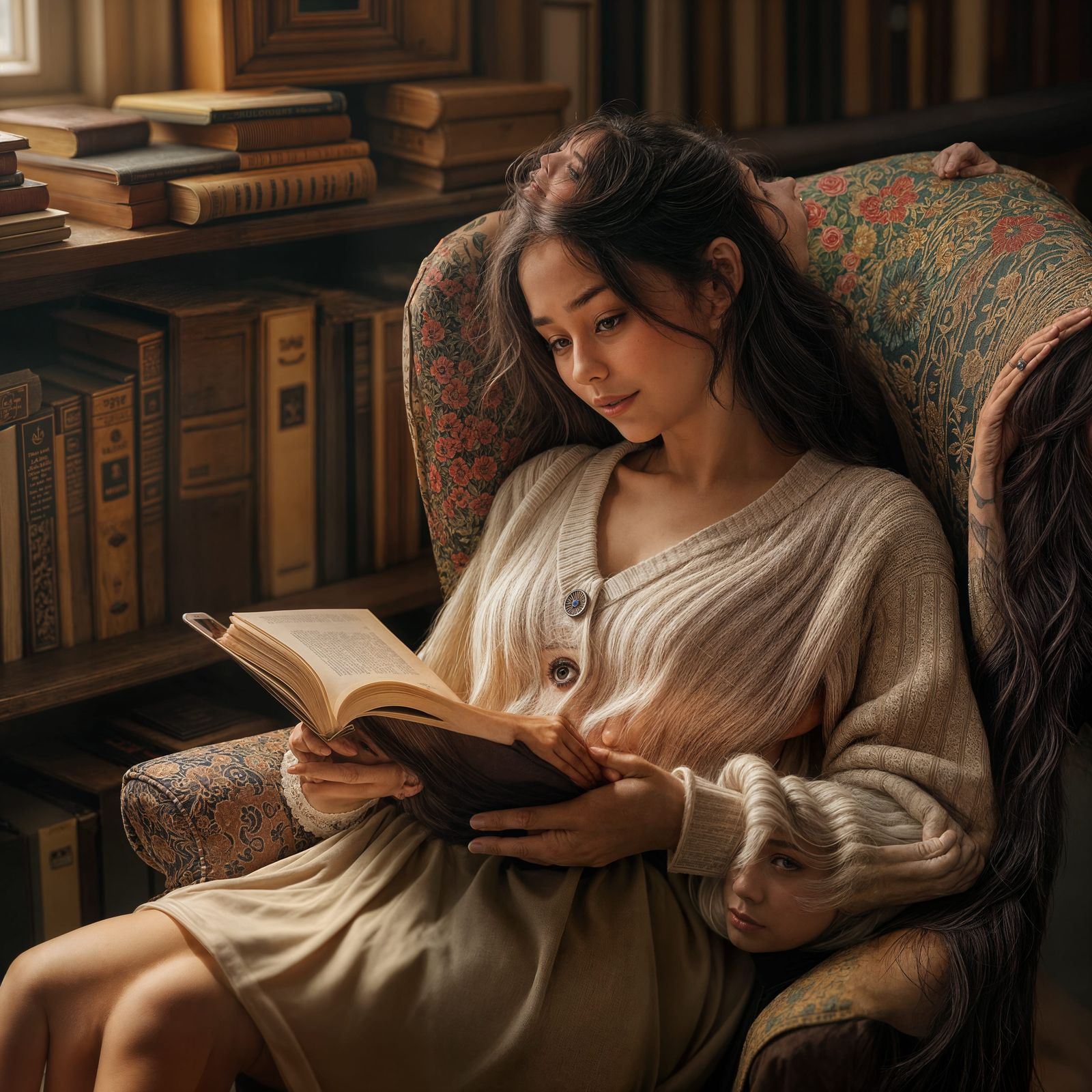 Whimsical Library Scene in Soft Pastel Colors