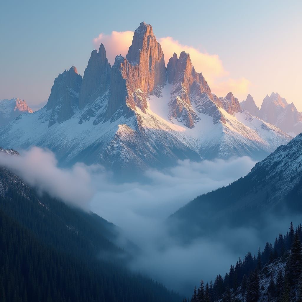 Majestic Mountain Peaks at Dawn in Hyperrealistic Style