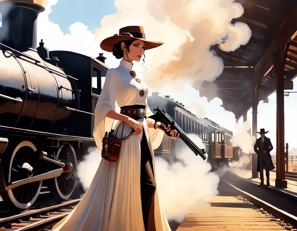 Cowgirl Princess Leia at Train Station as Anime Art