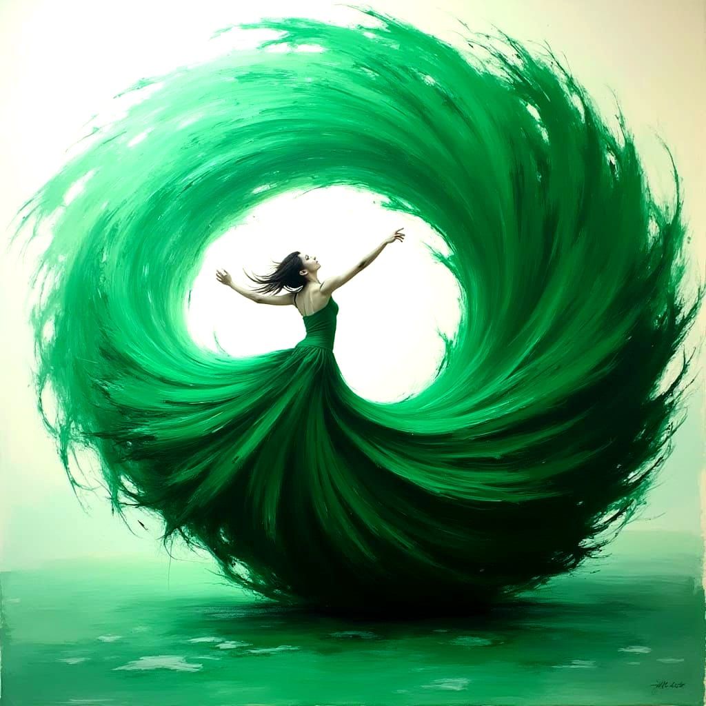 Emerald Aura Pinwheel Dance in Bold Impasto