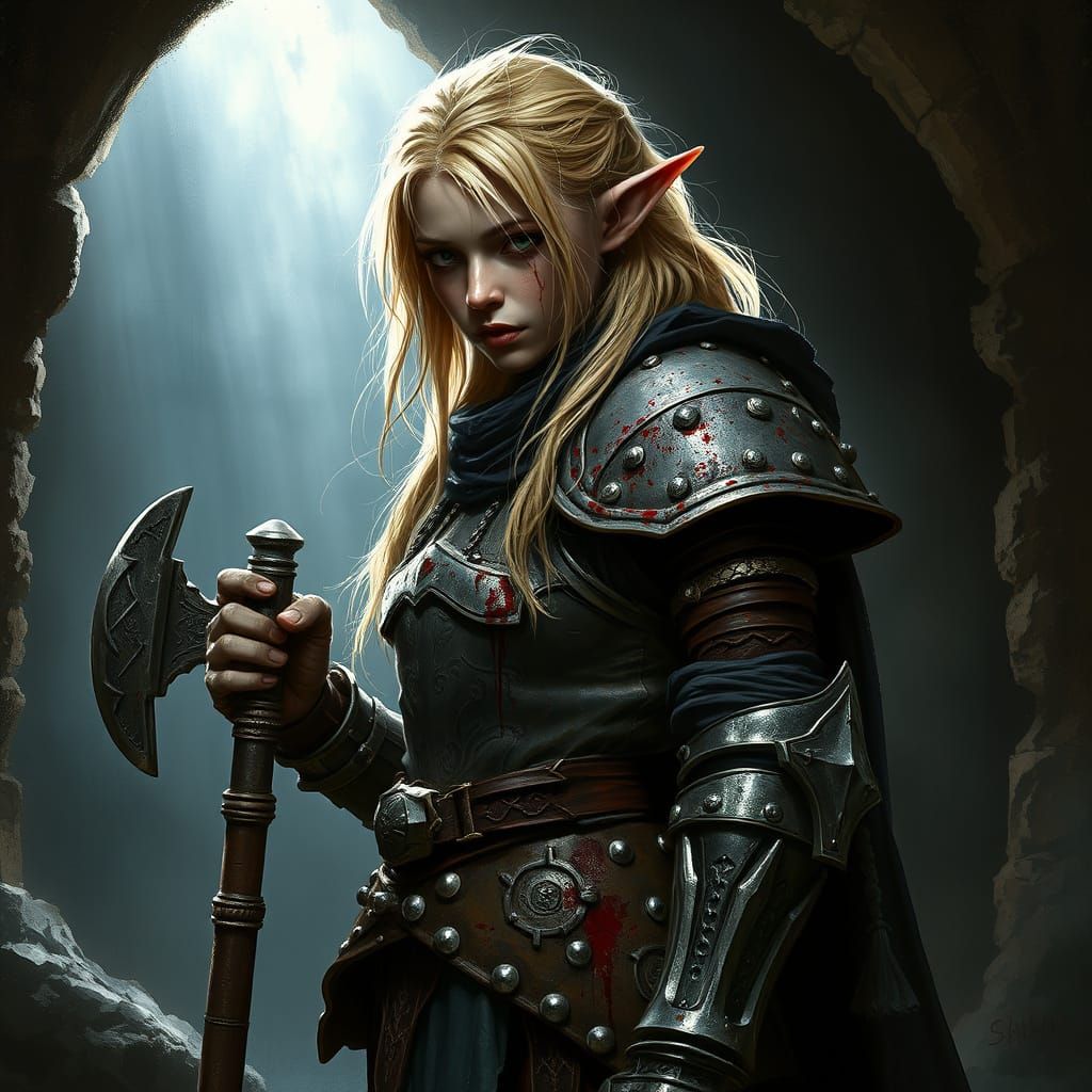 Fantasy Elf Knight in Grimy Armor, Ready for Battle