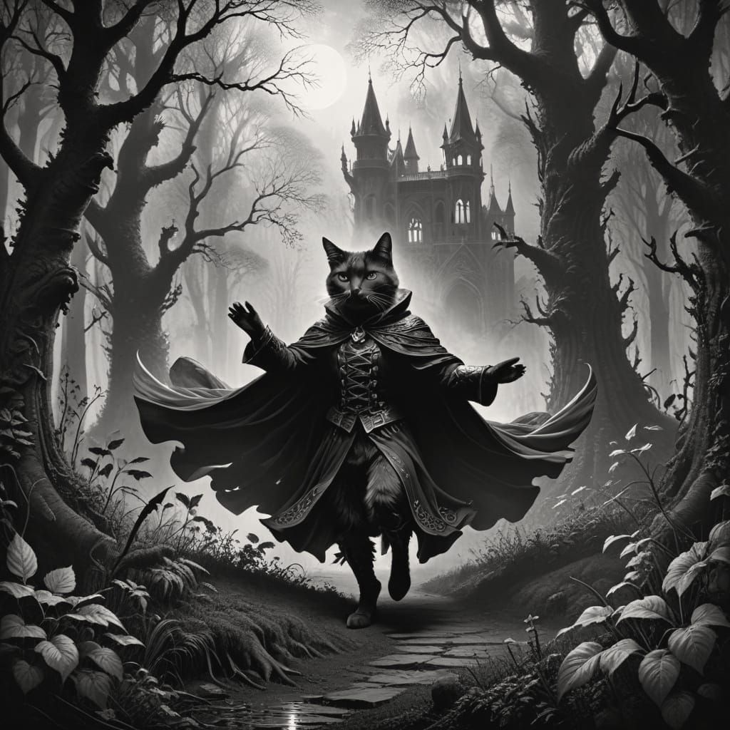 Cat-in-Boots Dancing in Forest Lithograph