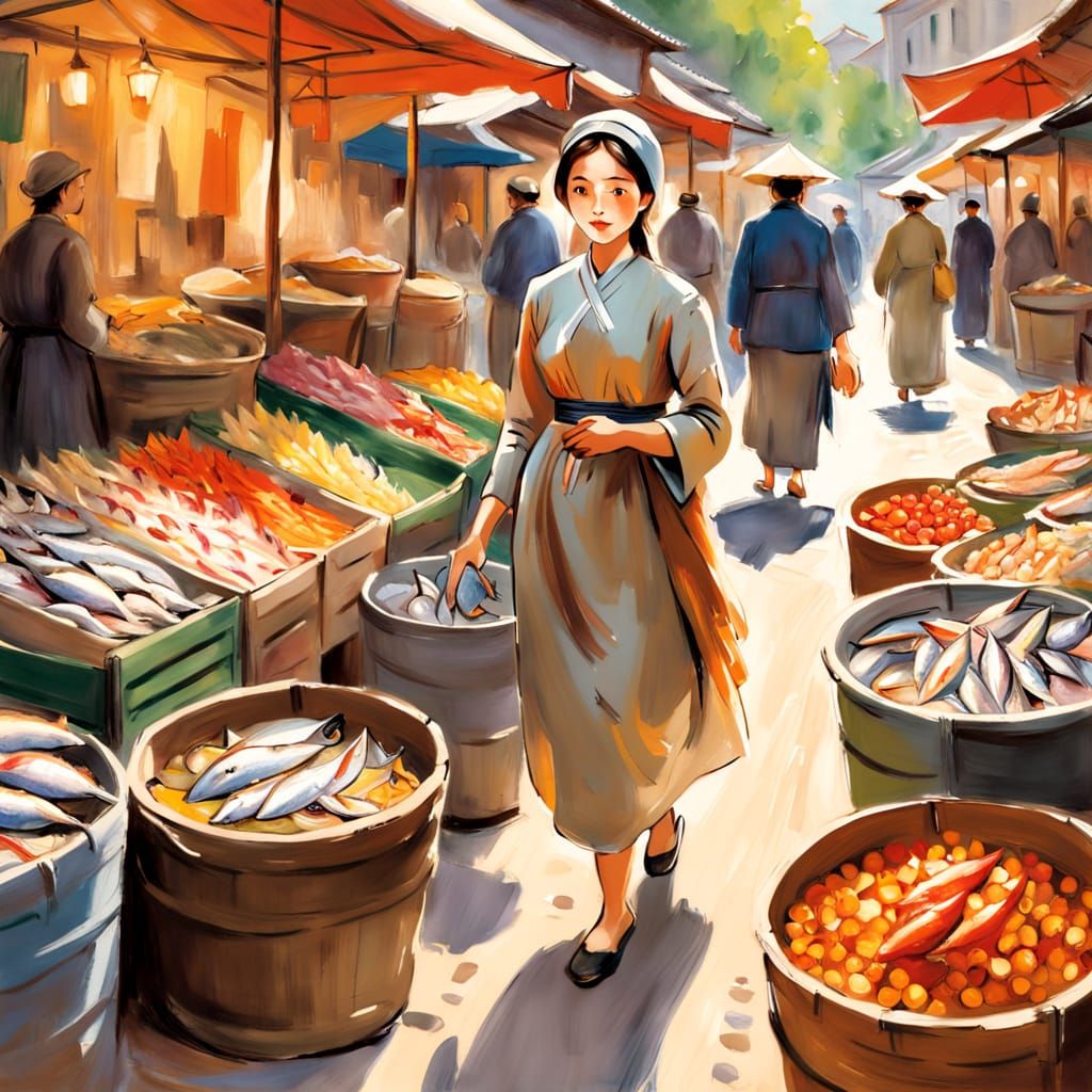 Vibrant Oriental Street Market Scene in Impressionist Style