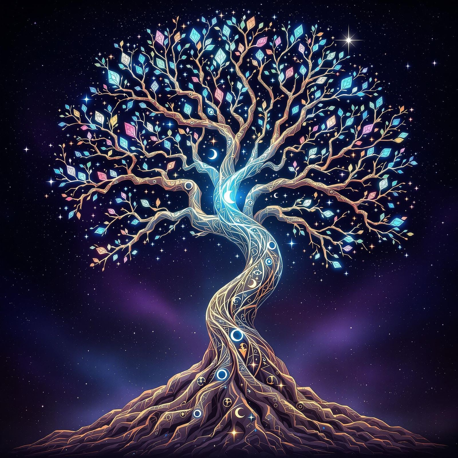 Mystical Tree Radiates Ethereal Light in Cosmic Void