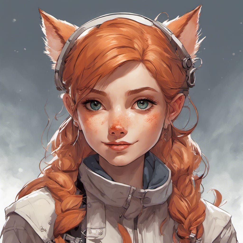 Adorable ginger Fox-girl VIXEN <lora: Fox-girl VIXEN :1.0> wearing a Cute pinafore dress with crinoline and cute sneake...