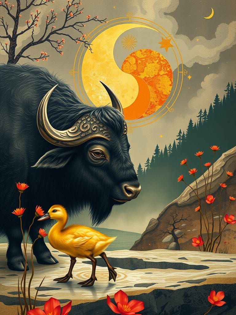 Buffalo and Duckling in Surrealist Harmony