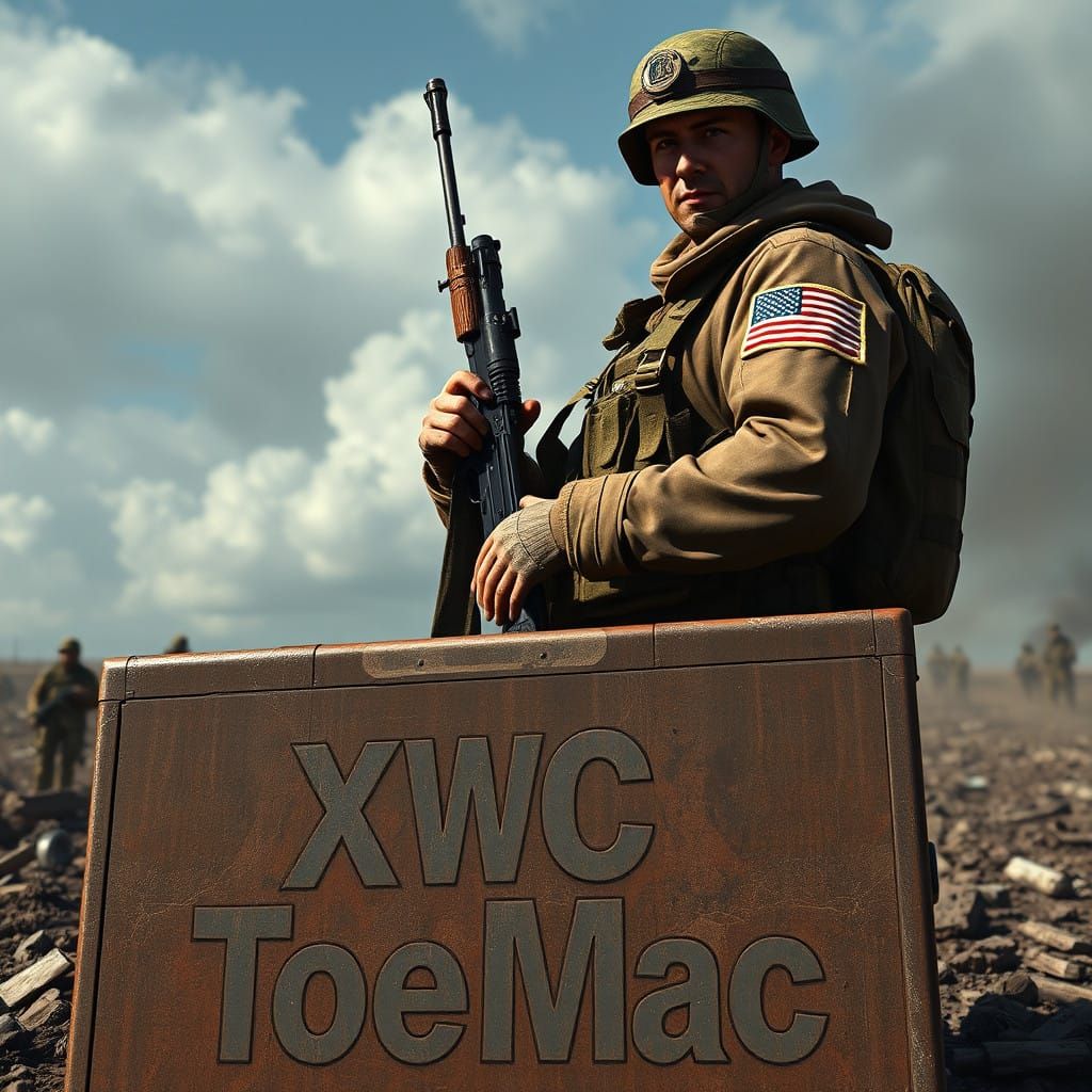 Gritty American Soldier Stands Ready on War-Torn Battlefield...