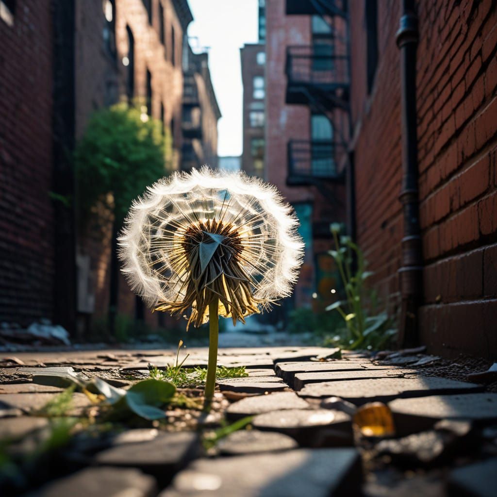 Whimsical Dandelion in Urban Alleyway: Impressionistic Art