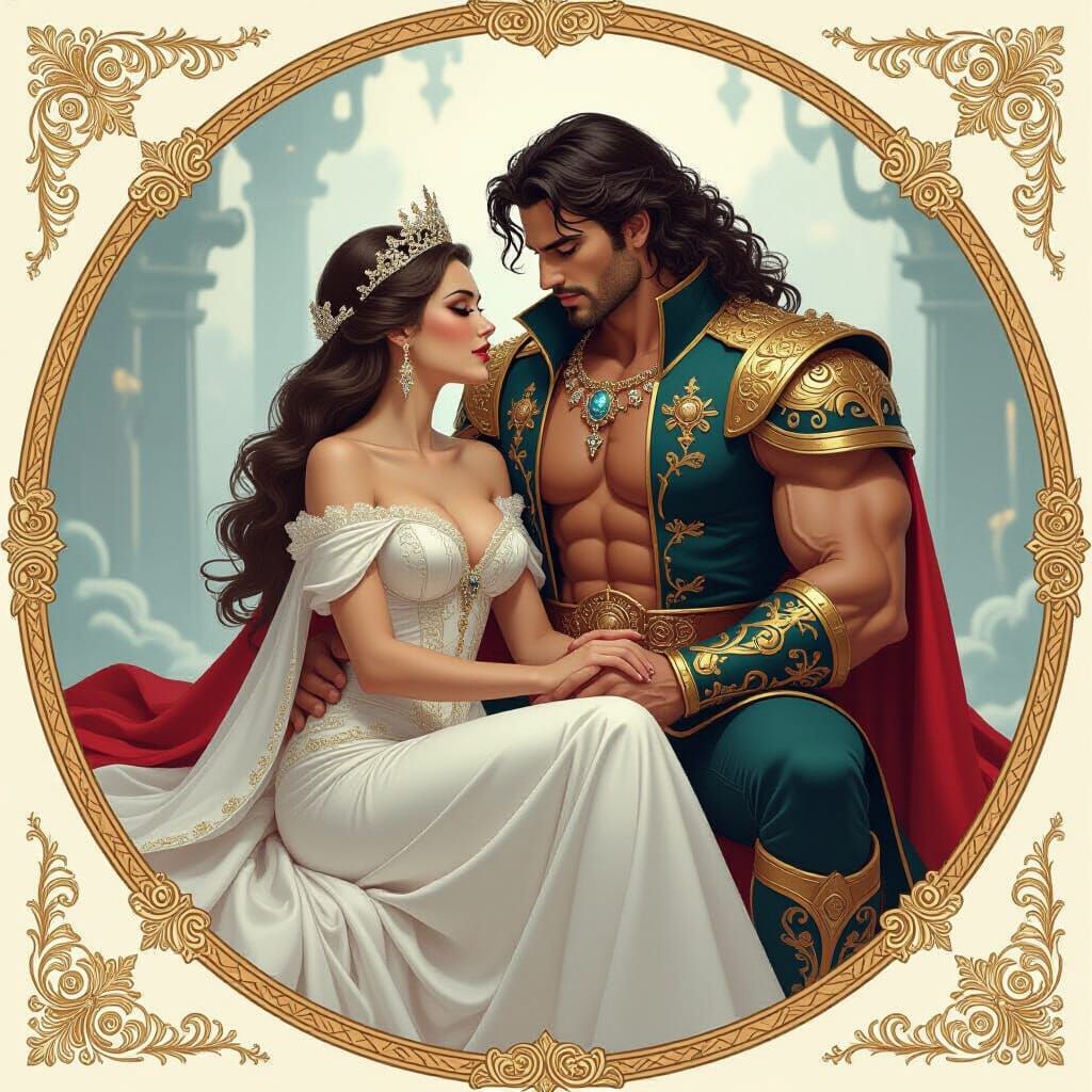 Muscular King's Love for Delicate Queen in Romantic Setting