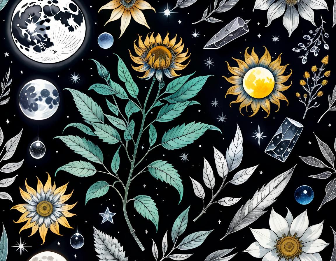 Botanical Ink Drawings in Celestial Setting with Glowing Run...