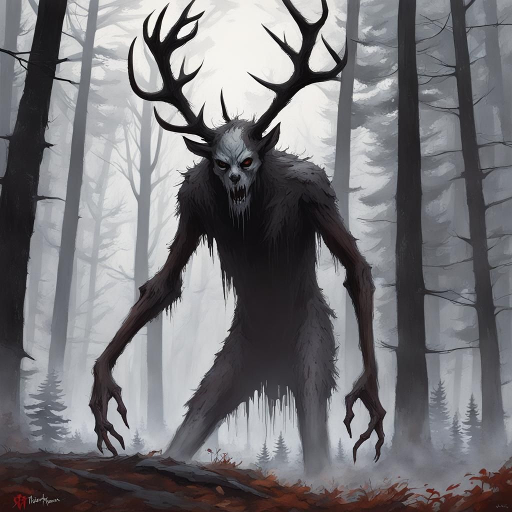 Sinister Wendigo in Forest, Fantasy Art